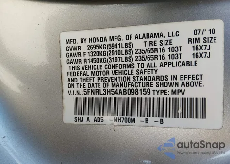 2010 Honda Odyssey Ex z USA, uszkodzony, nr VIN 5FNRL3H54AB098159